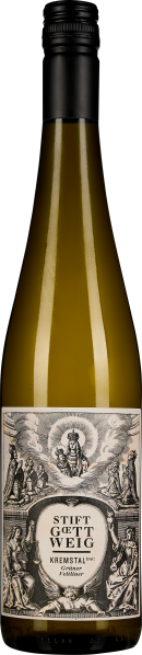Schlichte Weinflasche mit kunstvoll gestaltetem Etikett, schwarzer Verschluss.
