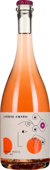 Roséwein in einer klaren Glasflasche mit künstlerisch gestaltetem Etikett in minimalistischen Graphiken und leuchtenden Farben, abgerundet mit einem pinken Kronkorken.