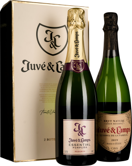 Zwei elegante Cava-Flaschen vor einer stilvollen, cremefarbenen Geschenkbox.