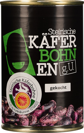 Schwarze Dose mit buntem Bohnenmotiv und großem, kontrastierendem Text.