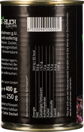 Schwarze Konservendose mit Nährwerttabelle und Barcode.
