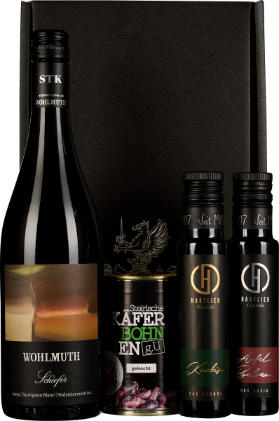 Exklusives Feinkost-Set mit Wein, Olivenöl, Essig und steirischen Käferbohnen in eleganter Verpackung.