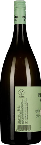 Grüne Weinflasche mit mint-grünem Etikett und Drehverschluss.