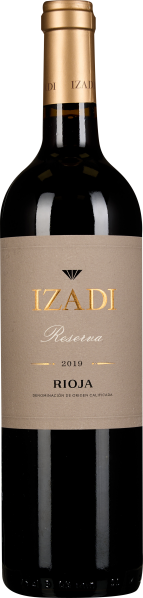 Dunkle Weinflasche mit goldener Kapsel und beigefarbenem Etikett.