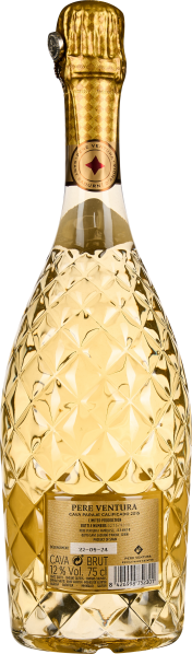 Prächtig verzierte Sektflasche in hellem Goldton mit schimmernder Oberfläche.