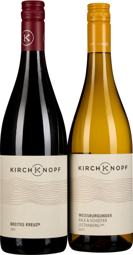 Zwei Weinflaschen mit elegantem Etikett, eine rot, eine weiß, schlichtes Design.