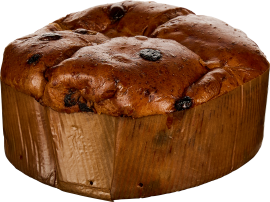 Großer, runder Panettone mit goldbrauner Kruste und dunklen Rosinen.
