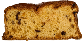 Geschnittenes, gelockertes Früchtebrot mit goldbrauner Kruste und sichtbaren Trockenfrüchten.