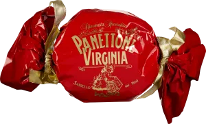 Rot-goldene Panettone-Verpackung mit glänzendem Finish und vintage Design-Elementen.