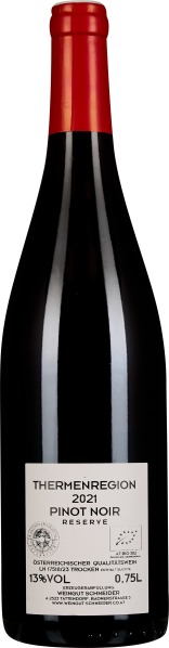 Schwarze Weinflasche mit rotem Verschluss und hellem Etikett.