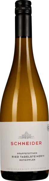 Weinflasche mit cremefarbenem Etikett und roter Schrift, schlanker Hals mit schwarzem Verschluss, gefüllt mit hellgelbem Wein.