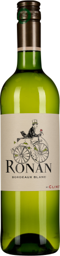 Eine grüne Weinflasche mit braunem Verschluss und einem Etikett, das eine elegante Illustration eines Mannes auf einem Fahrrad zeigt.