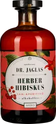 Flasche mit rotem Inhalt und schwarzem Verschluss. Das Etikett ist in Rosa gehalten und zeigt florale Verzierungen mit grünen Blättern und roten Blüten.