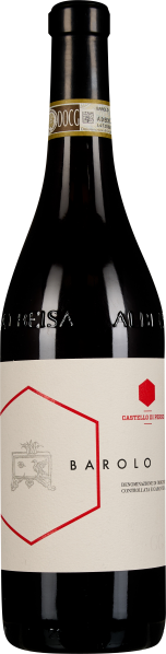 Dunkle Weinflasche mit hellem Etikett und rotem Akzent.