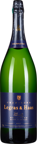 Grüne Champagnerflasche mit dunkelblau-goldenem Etikett und Verschluss.