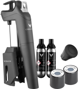 Schwarzes Weinzubehör-Set bestehend aus einem schlanken, ergonomischen Weinverschlusssystem, zwei silber-schwarzen Gaspatronen und mehreren Verschlusskappen.