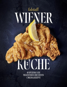 Goldbraunes Schnitzel mit Zitronenscheibe auf dunklem Hintergrund, darunter stilisierter Schriftzug.