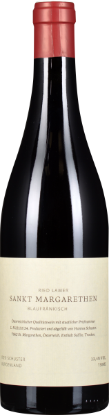 Weinflasche mit rotem Verschluss und cremefarbenem Etikett.