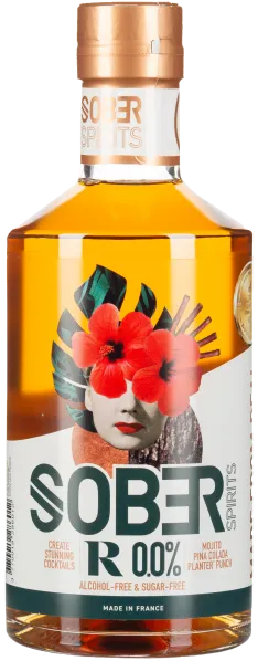 Klarglasflasche mit Kupferverschluss, floralem Etikett und Gesichtsgrafik in Rot und Grün.