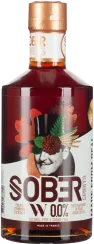 Braune Glasflasche mit Kupferkappe und farbenfrohem Etikett mit Vintage-Design.