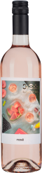 Durchsichtige Roséweinflasche mit bunt illustriertem Etikett und schwarzem Schraubverschluss.