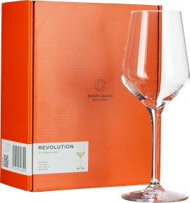 Weinglas vor orangefarbener Verpackung mit elegantem, schlankem Design.