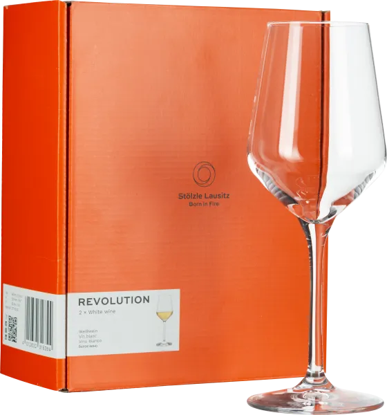 Weinglas vor orangefarbener Verpackung mit elegantem, schlankem Design.