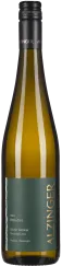 Grün-goldene Weinflasche mit dunkelgrünem Etikett und schwarzem Schraubverschluss.