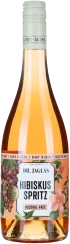 Klare Flasche mit rosafarbenem Getränk und floralen, fruchtigen Etikettendesign.