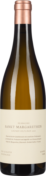 Weinflasche mit kupferfarbenem Hals und cremefarbenem Etikett.