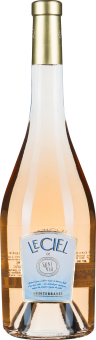 Roséwein in eleganter Flasche mit goldener Kapsel und blauem Etikett.