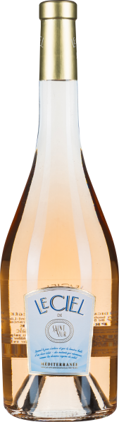 Roséweinflasche mit goldener Kapsel und blauem Etikett.