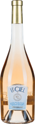 Roséwein in eleganter Flasche mit goldener Kapsel und blauem Etikett.