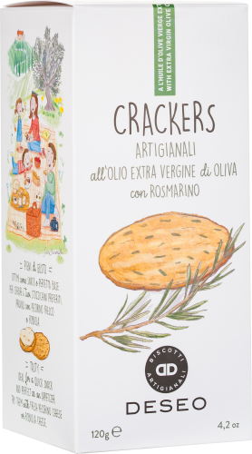 Weiße Verpackung mit gezeichneten Crackern und Rosmarinzweig. Illustrationen einer Picknickszene.