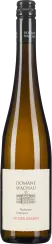 Braune Weinflasche mit schwarzem Schraubverschluss und cremeweißem Etikett.