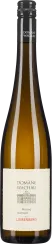 Braune Weinflasche mit schwarzem Schraubverschluss und cremefarbenem Etikett.