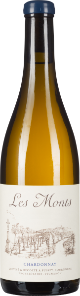 Weinflasche mit hellem Etikett und blauer Kapsel.