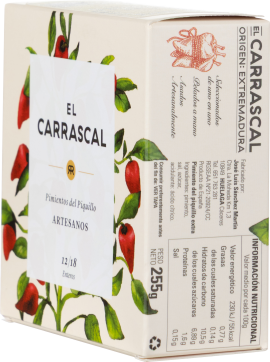 Verpackung mit Illustrationen roter Paprikaschoten und grünen Blättern.