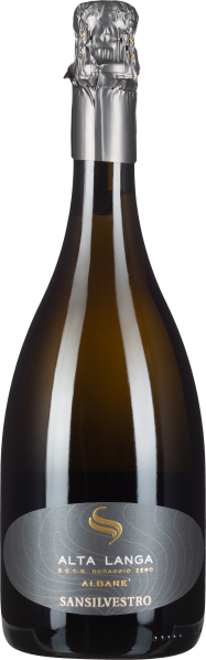 Dunkle Sektflasche mit silbernem Hals und elegantem Etikett.