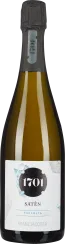 Braune Schaumweinflasche mit grauem Verschluss und elegantem, weißem Etikett.
