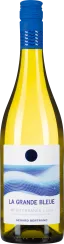 Klare Weinflasche mit blauem Verschluss und wellenförmigem Etikettendesign.