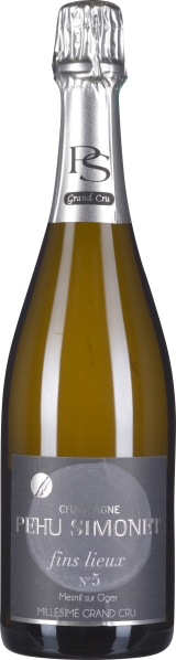 Champagnerflasche mit silberner Kapsel und dunklem Etikett auf transparentem Glas.