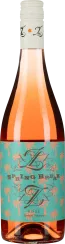 Roséweinflasche mit türkisfarbenem Etikett, verziert mit orangefarbenen Palmenmotiv.