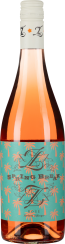 Roséweinflasche mit tropischem Palmenetikett und weißem Schraubverschluss.