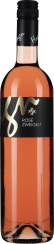 Klarer Roséwein in gold-beschrifteter Flasche mit schwarzem Schraubverschluss.