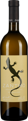 Braune Weinflasche mit einem beige-grauen Etikett, das eine schwarze Eidechse zeigt.