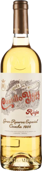 Klarer Wein in einer eleganten Glasflasche mit einem goldenen Schraubverschluss und reich dekoriertem Etikett in klassischen Schriftzügen.
