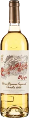 Klarer Wein in einer eleganten Glasflasche mit einem goldenen Schraubverschluss und reich dekoriertem Etikett in klassischen Schriftzügen.
