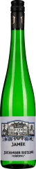 Grüne Weinflasche mit schwarzem Schraubverschluss; Etikett mit schwarz-weißer Illustration eines Hauses und blauen Details.