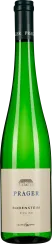 Grüne Weinflasche mit dunklem Verschluss und cremefarbenem Etikett.